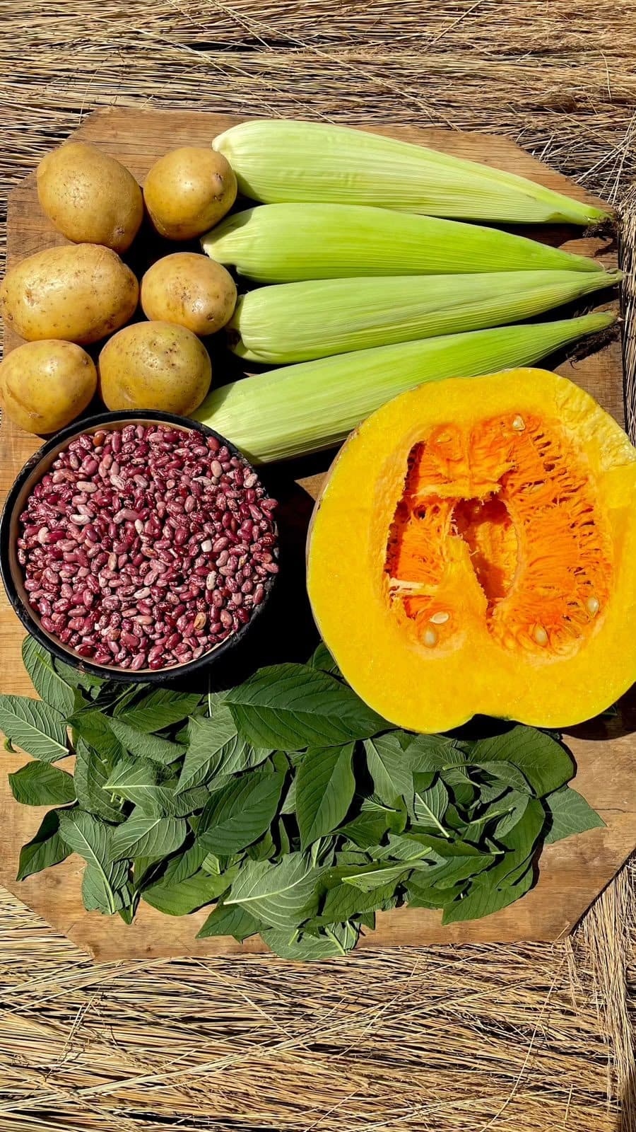 Freshly harvested potatoes, green maize, sugar beans, pumpkin and leafy greens